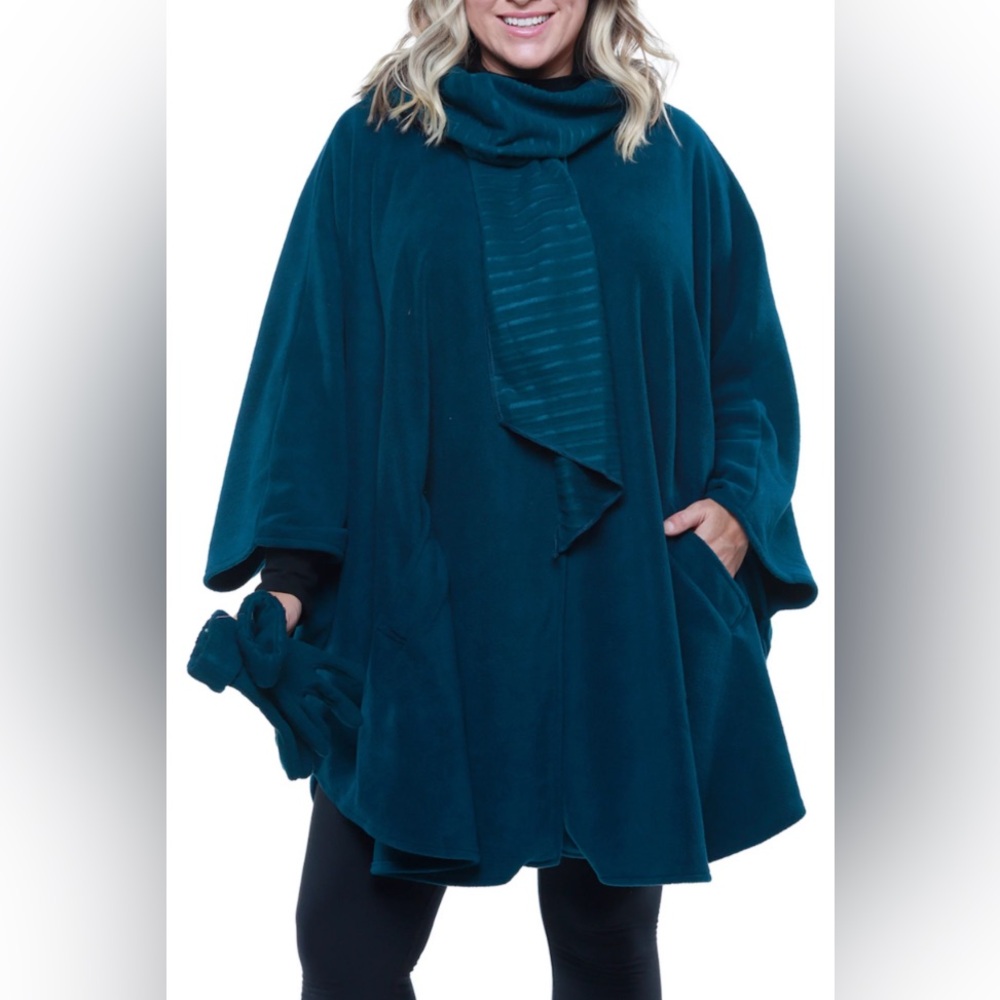 NEW Le Moda Dark Teal Poncho Attached Ribbed Scarf Pockets One Size Fits Most